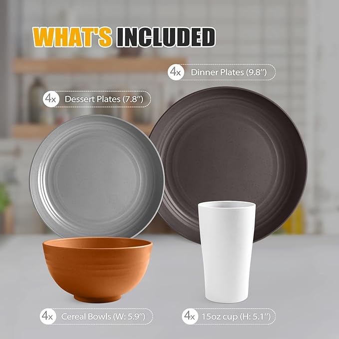 Teivio 16-Piece Kitchen Plastic Wheat Straw Dinnerware Set, Service for 4, Dinner Plates, Dessert Plate, Cereal Bowls, Cups, Unbreakable Plastic Outdoor Camping Dishes, Farmhouse
