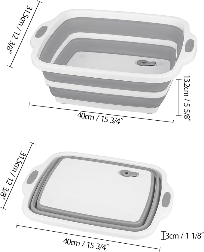 Space Saving Cutting Board, Collapsible Dish Tub with Draining Hole, Folding Chopping Board with Colander, 3 in 1 Multifunction Camping Sink for Washing Dish, Bowl, Vegetables and Fruit