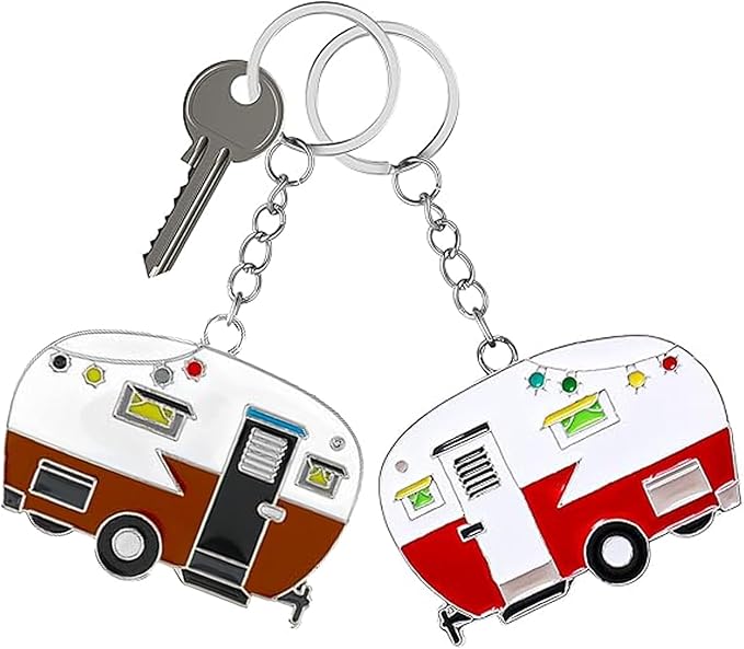 2 Pack Camper Keychain Set Happy RV Camper Keyring Couples Camping Accessories for Men Women Travel Trailers