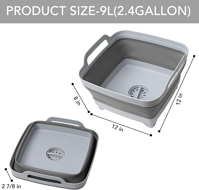 Tiawudi Dishpan for Washing Dishes, 2.4Gal/9L Wash Basin with Draining Plug Carry Handles, Collapsible Bucket for Cleaning, Portable Sink, Foldable Plastic Tub, 1PC