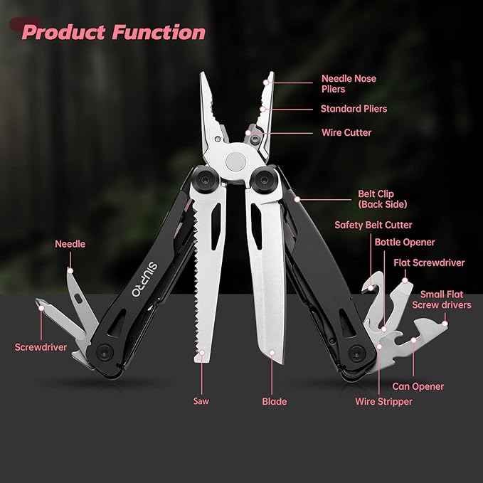 SIUPRO Multitool Pocket Knife for Men, Women, Tactical Multi Tool with Pliers, Saw, Screwdriver, All Self-Locking, Survival Gear With Clip and Pouch for Camping, Gifts Idea, Pink