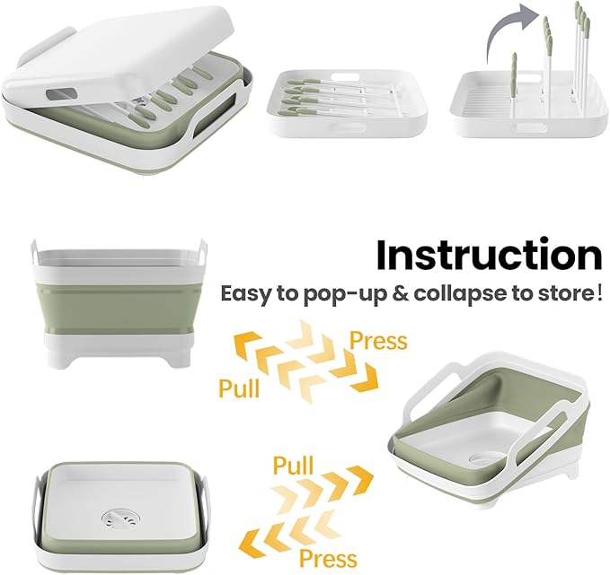 Volnamal Collapsible Wash Basin for Baby Bottles - Portable 2.4 Gallon Dish Basin with Drying Rack & Lid, Foldable RV Sink Tub for Camping, Sturdy Wash Tub for Kitchen, Camping, Outdoor Use (Green)