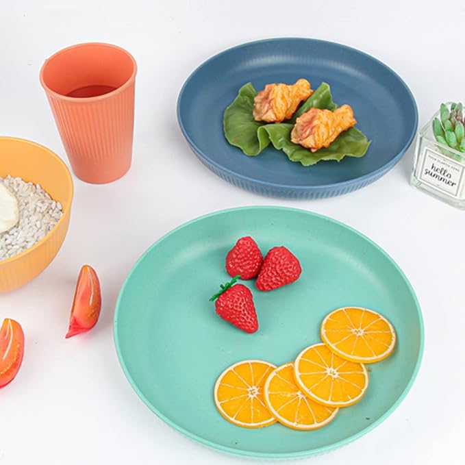 Lyellfe 44 Pieces Wheat Straw Dinnerware Sets, Unbreakable Camping Plates Cups and Bowls Set, Lightweight Kitchen Dish with Knives, Forks, Spoons, Dishwasher Microwave Safe