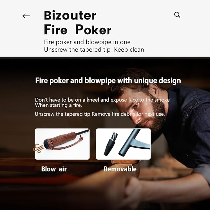 Fire Poker for Fire Pit,34in 2in1 Foldable Fire Poker & Blow Stick Fireplace Tools with Wooden Ergonomic Handle,Portable Fire Pit Poker for Campfire,Outdoor,Indoor,Wood Burning Stove & BBQ