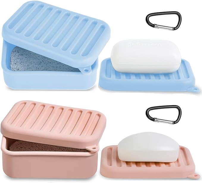 2PCs Silicone Travel Soap Case, Leak-Proof Bar Soap Container with Drain Tray, Portable Travel Soap Dish with Lid for Hiking, Gym, Camping, PortableToiletries Accessories (PinkBlue)