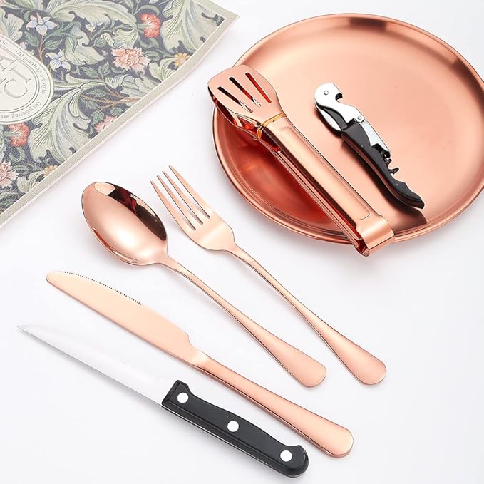 Picnic Tableware Set Camping Dinnerware Copper/Rose Gold Silverware and Plates Kit for 4 Portable Utensils Stainless Steel Dishes Spoons Forks Knives Bottle Opener Food Tongs