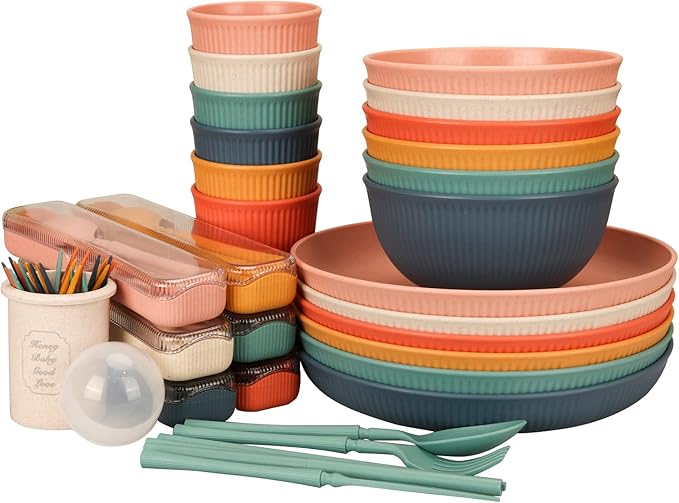 66 Pcs Dinnerware Sets, Unbreakable Plates and Bowls Sets, Reusable Dinnerware Sets for 6 People, Travel Camping Picnic Home Party Cutlery Set, Dishwasher Microwave Safe Dishes