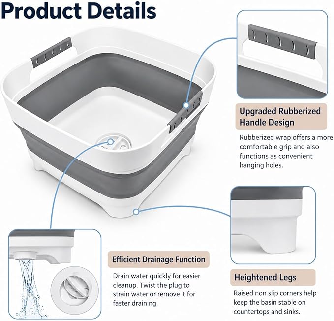 Collapsible Dish Basin with Drain Plug, 2.4 Gal 9L Foldable Wash Basin, Portable Sink Tub for Kitchen, Baby Bottles, Camping, RV, Vegetable Washing and Beverage Tub, Gray