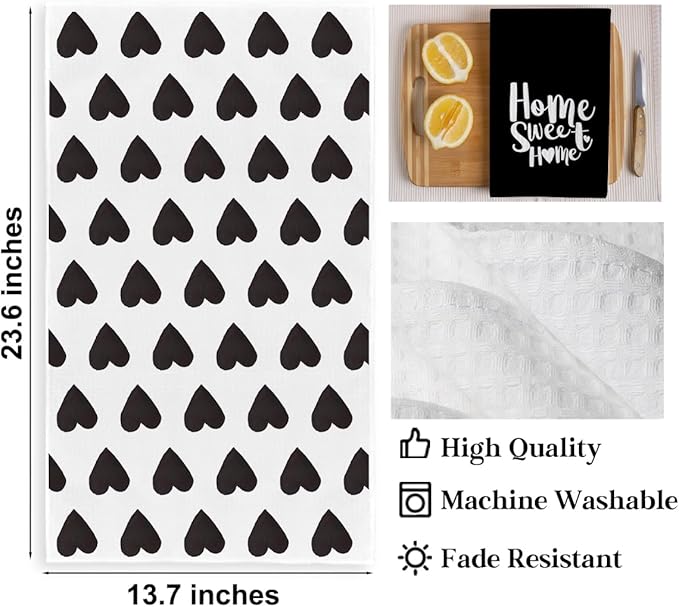 2PCS Cute Heart Love Home Sweet Home Valentine's Kitchen Towels, Valentines Day Decor for Couples, Reusable Absorbent Waffle Weave Dish Tea Towels for Cleaning Cooking, Microfiber Kitchen Towel