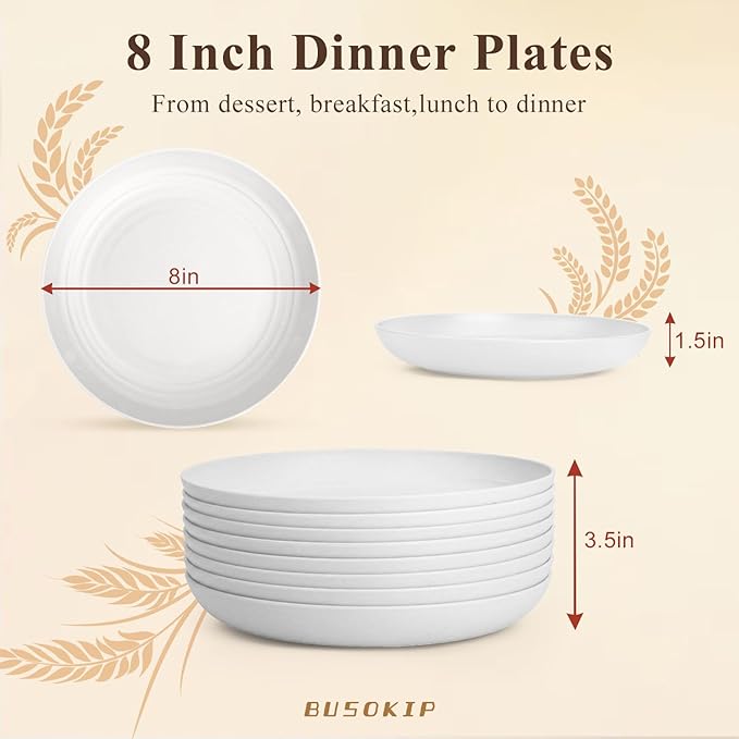 Wheat Straw Plate 8 Inch, Reusable Plastic Plates Set for 8, Unbreakable Small Plate for Salad, Dessert, Cake, Microwavable Plates for Kitchen, Party, Camping, RV - White