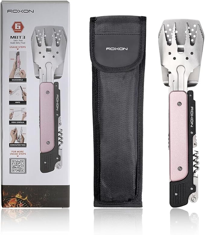 ROXON S601 14" 6 in 1 MBT3 Folding Grill Utensils Set Fork Spatula Grilling Knife Tongs Opener for Backyard Barbecue and Camping (Pink)