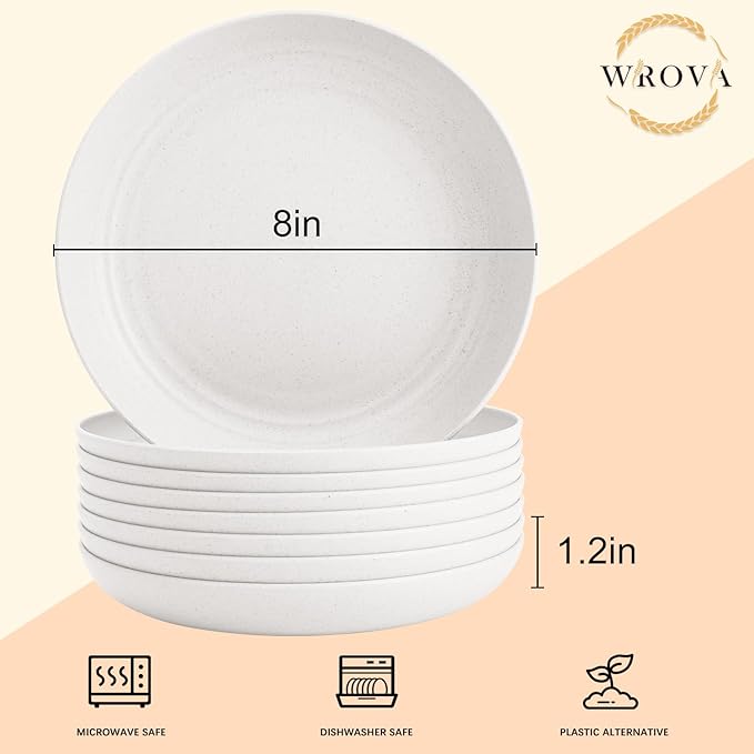 Wrova Wheat Straw Plates - 8 Inch Unbreakable Dinner Plates Set of 8 - Dishwasher & Microwave Safe Plastic Plates Reusable for Kitchen,R.V. (White)