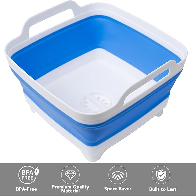 Tiawudi Dishpan for Washing Dishes, 2.4Gal/9L Wash Basin with Draining Plug Carry Handles, Collapsible Bucket for Cleaning, Portable Sink, Foldable Plastic Tub, 1PC