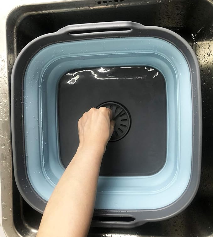 SAMMART 10L (2.64 Gallon) Collapsible Dishpan with Draining Plug - Foldable Washing Basin - Portable Dish Washing Tub - Space Saving Kitchen Storage Tray (1, Grey/Sea Angel)