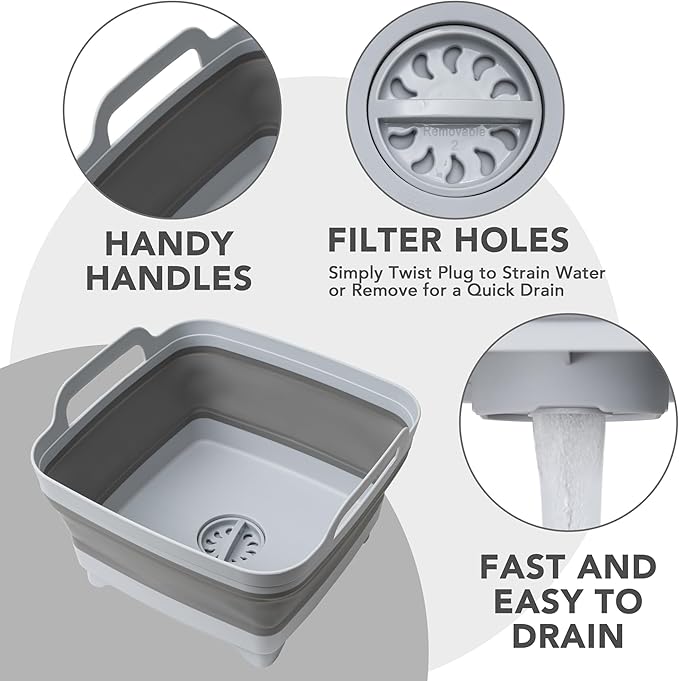 Tiawudi Dishpan for Washing Dishes, 2.4Gal/9L Wash Basin with Draining Plug Carry Handles, Collapsible Bucket for Cleaning, Portable Sink, Foldable Plastic Tub, 1PC