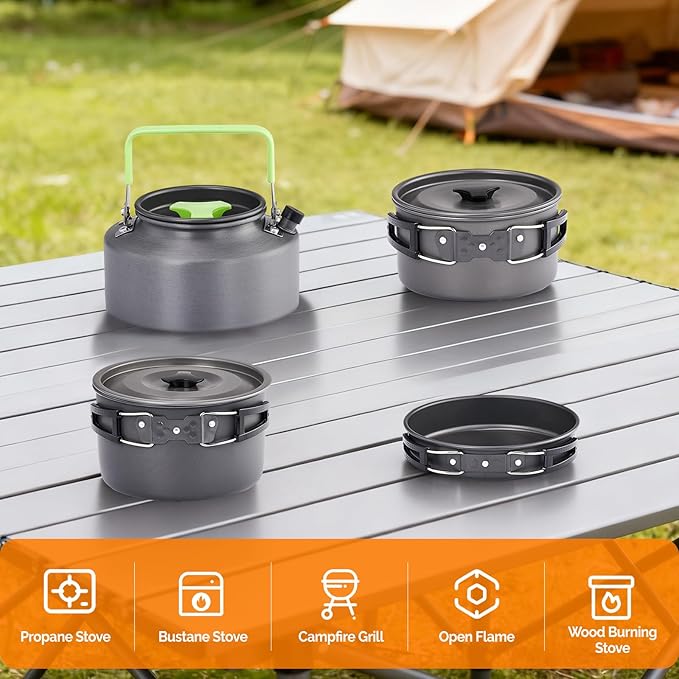 ROVSUN 34/10/6 pcs Camping Cookware Mess Kit, Lightweight Non-Stick Camping Cooking Pot and Pan Set with Stainless Steel Camping Gear Kettle Cup for Open Fire, Backpacking, Outdoor Cooking