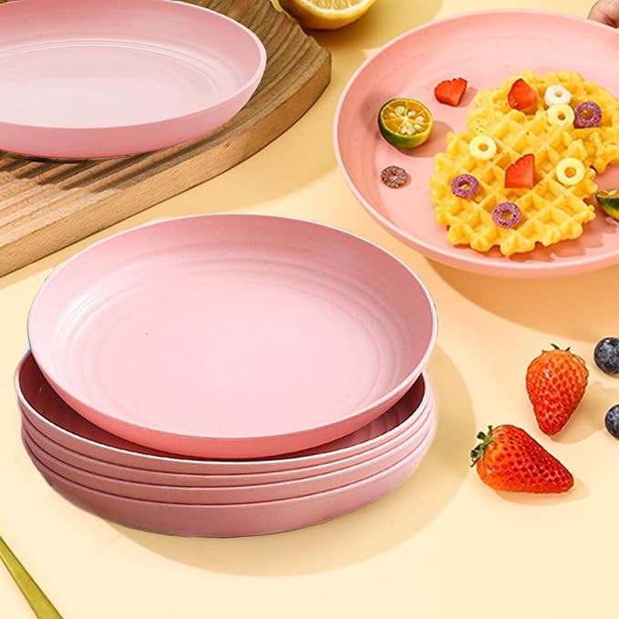 Wheat Straw Plates, Unbreakable Dinner Plates Set of 4, 8 Inch Plastic Plate Reusable, Dishwasher & Microwave Safe, Lightweight Salad Plates for Camping/Kitchen (Pink)