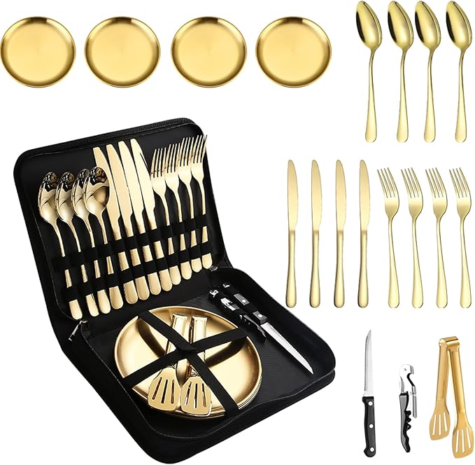 Picnic Dishes Utensils Gold Camping Flatware Set for 4 Portable Dinnerware Plates Silverware Forks Spoons knives Bottle Opener Food Tongs Complete Kit with Zipper Bag