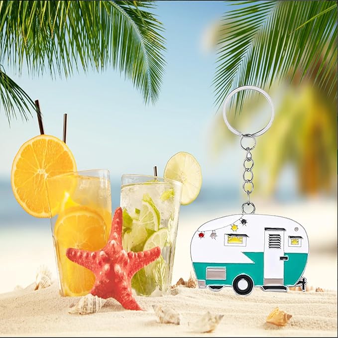 2 Pack Camper Keychain Set Happy RV Camper Keyring Couples Camping Accessories for Men Women Travel Trailers