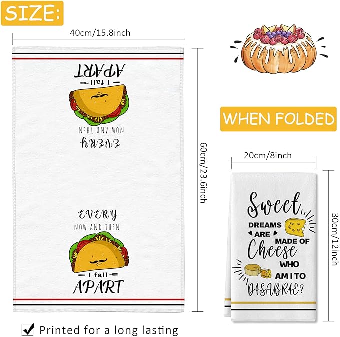 Funny Kitchen Towels and Dishcloths Sets of 4 Kitchen Towels with Sayings Cheese Bundts Absorbent Drying Tea Dish Towel for Cooking Baking Home Decorations,16 x 24 Inch
