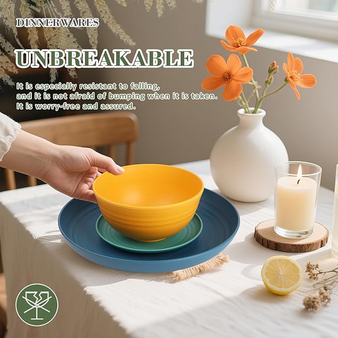 Wrova Wheat Straw Dinnerware Set of 32, Unbreakable Dinner Plates and Bowls Dishes Sets Service for 8,Dishwasher Safe Dinnerware Sets for Kitchen and Camping.Vibrant Series