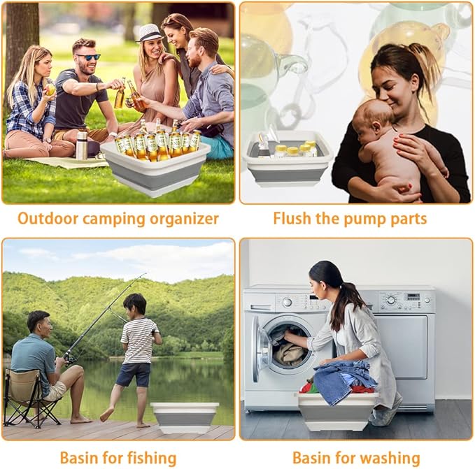 2.4 Gal(9L) Collapsible Dish Pans for Washing Dishes, Space Saving Multiuse Foldable Sink Tub, Kitchen Storage Tray for Outdoor Camping, Vegetable Washing, RV (Gray)