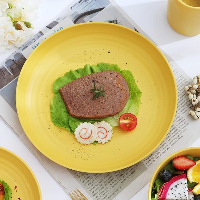 Kyraton Plastic Dinnerware Set of 16 Pieces, Unbreakable And Reusable Light Weight Plates Mugs Bowls Dishes Easy to Carry And Clean Microwave Safe BPA Free Dishwasher Safe Service For 4 (Gold Yellow)