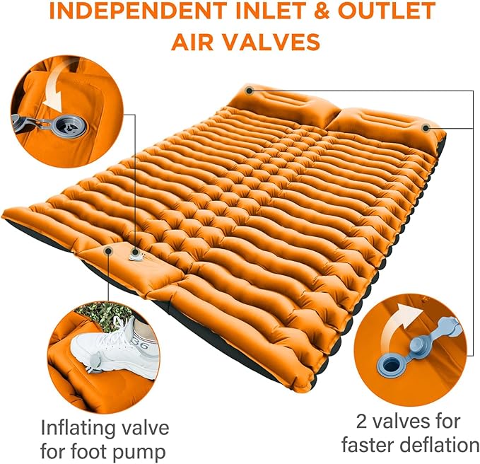 Yuzonc Double Sleeping Pad for Camping, 4" Extra Thick Self-Inflating Air Mattress - 2 Person Inflatable Camping Mat with Built-in Foot Pump & Pillow, Backpacking Hiking Tent Travel-Orange