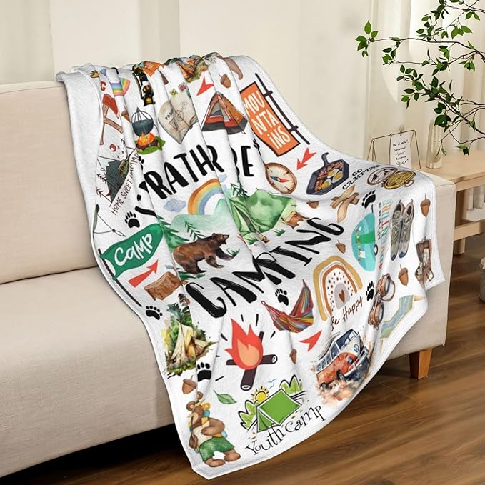 Camping Blanket Gifts for Women Men Camper Essentials Stuff Plush Flannel Throw Blanket Gifts for Camping Lovers Outdoor Camper Rv Owners Travel Hiking 50"x40"