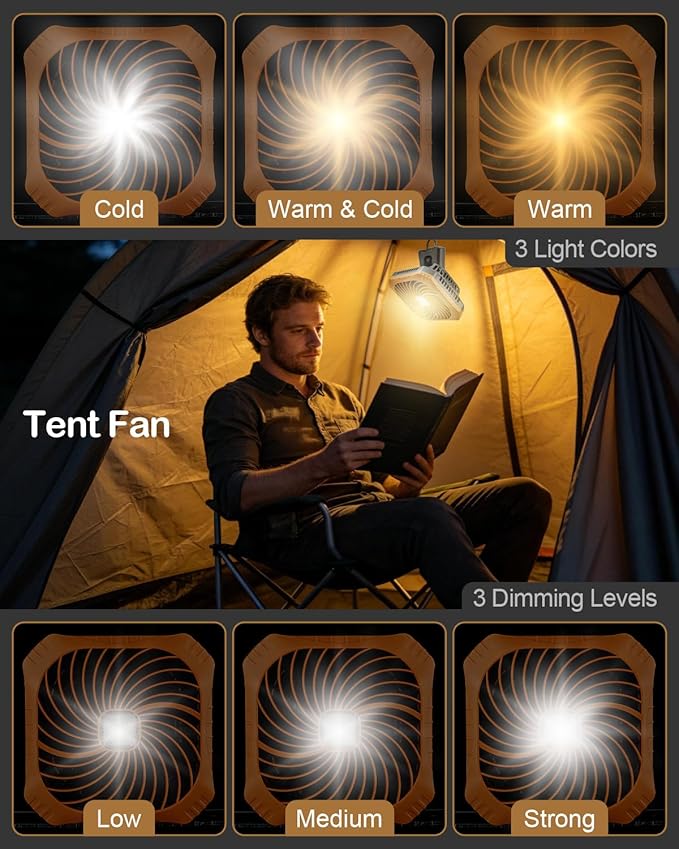 Odoland Portable Camping Fan with LED Lantern, 40H Rechargeable Battery Operated Quiet Tent Fan with Hanging Hook for RV Car Beach Outdoor Hurricane Emergency Outages