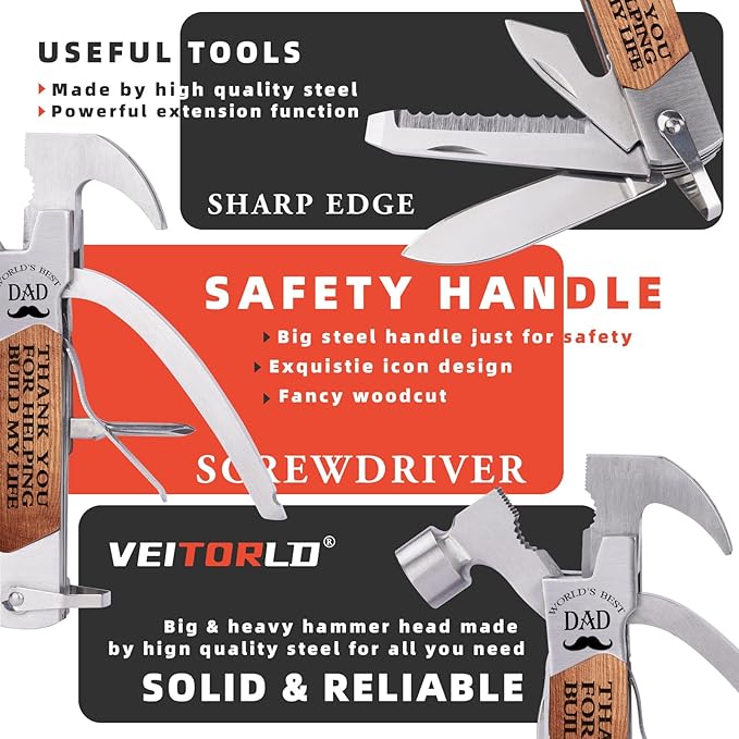 VEITORLD Gifts for Dad from Daughter Son Kids, Fathers Day, Unique Birthday Gift Ideas for Men Papa, All in One Tools Hammer Multitool with Engraved Wooden Box, Cool Gadgets(Dad Build My Life)