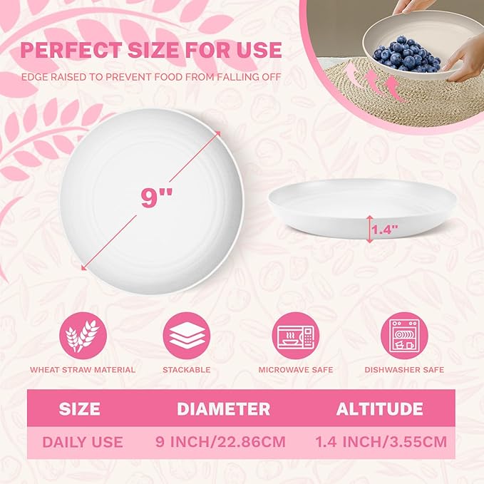 Homienly Wheat Straw Plates Set of 8, 9 inch Unbreakable Microwave and Dishwasher Safe Plates, Lightweight Round Dinner Plates with Unique Texture, Plate for Kitchen, Camping, Picnic - White