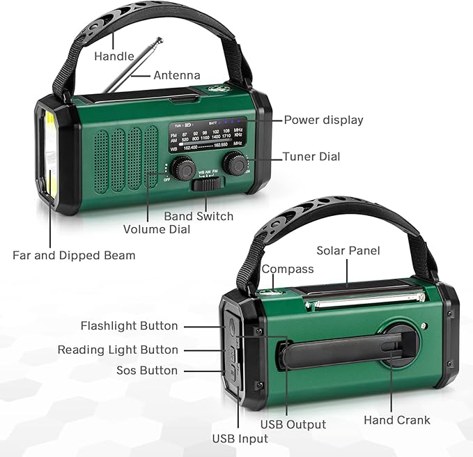 Hand Crank Emergency Radio, NOAA Weather Radio with AM/FM Solar Radio,10000mAh Rechargeable Battery Powered, USB-C Charger, Flashlight, SOS Alarm, for Camping, Hurricanes Outdoor Survival Emergencies