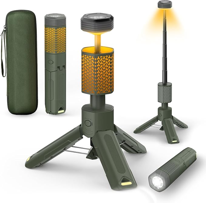 Telescopic Portable Camping Light with Stand - 10500mAh Rechargeable Camping Light with Storage Bag, Dimmable Magnetic Tent Lamp,Waterproof Tripod Pole Work Lights for Outdoor Emergency, Hiking,Green