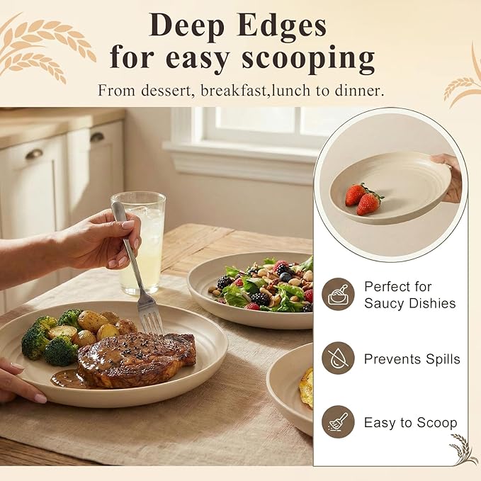Dinner Plates Set for 8, Wheat Straw Plate 10 Inch, Unbreakable Serving Plates for Salad, Fruit, Microwave and Dishwasher Safe Round Plate for Restaurant, Camping, Kitchen - Beige