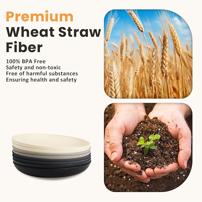Homienly Wheat Straw Plates Set of 8, Reusable Lightweight and Unbreakable 9 inch Plates, Premium Microwave and Dishwasher Safe Plates for Kitchen, Camping, Picnic, Party - GreyStone