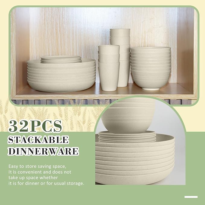 Wrova Wheat Straw Dinnerware Sets of 32,Dishwasher Safe Alternative Plastic Dishes Set Service for 8,Unbreakable Dinner Plates and Bowls Sets for Kitchen,Party,Camping,RV. Beige