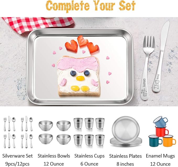 E-far Stainless Steel Kids Plates, 4 Pieces Mini Metal Dinner Dish Set for Kids Toddler Child, 7.3” x 5.3” x 0.75”, Non-Toxic & Dishwasher Safe, Great for Self-Feeding/Picnic/Outdoor Camping