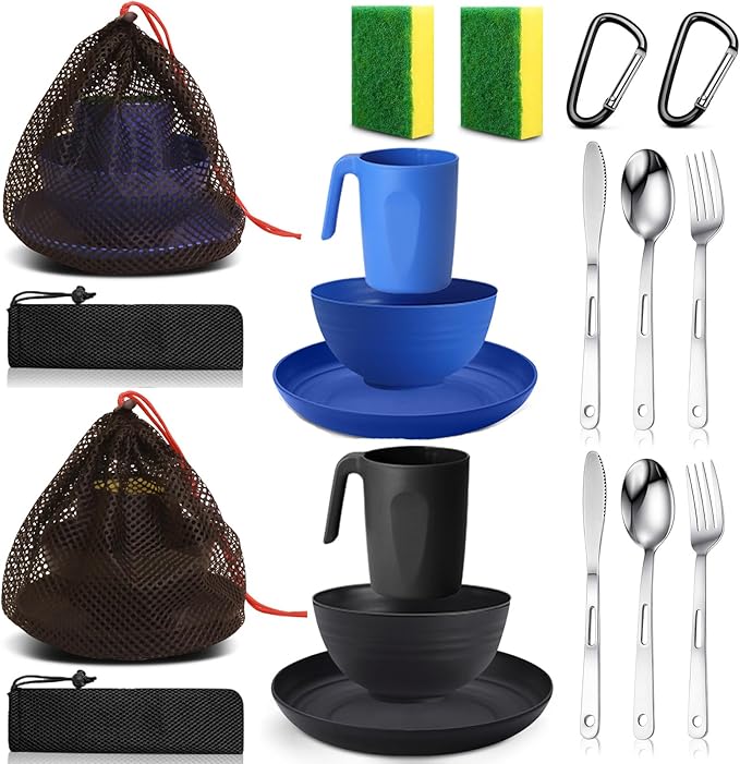 Scout Camping Mess Kit for Person Boy Scout Dishes Set Girl Scout Mess Kit with Mesh Bag Reusable Light Weight Eating Utensils Plastic Camping Cutlery Set for Travel Camp
