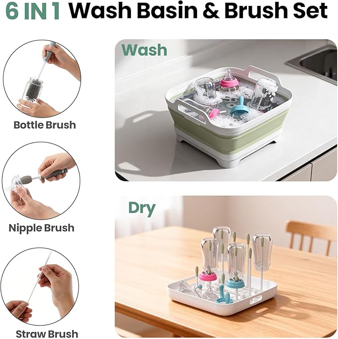 Volnamal Collapsible Wash Basin for Baby Bottles - Portable 2.4 Gallon Dish Basin with Drying Rack & Lid, Foldable RV Sink Tub for Camping, Sturdy Wash Tub for Kitchen, Camping, Outdoor Use (Green)