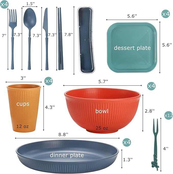 Lyellfe 44 Pieces Wheat Straw Dinnerware Sets, Unbreakable Camping Plates Cups and Bowls Set, Lightweight Kitchen Dish with Knives, Forks, Spoons, Dishwasher Microwave Safe