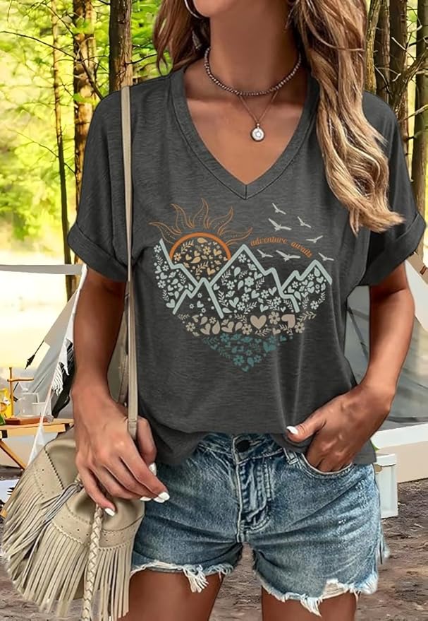 Graphic V Neck Shirt for Women Boho Floral Wildflowers Tee Casual Cottagecore Summer T-Shirt Blouse