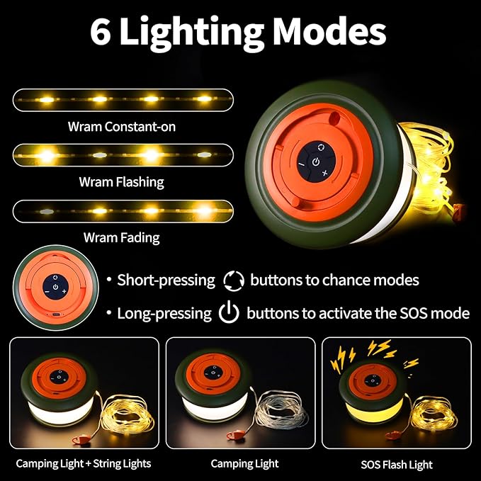 Camping String Lights, Rechargeable Tent Lights String with 6 Lighting Modes, 32.8 FT LED Hanging Waterproof Camping Lamp String for Garden, Travel, Decoration Festival Gift (Green Orange)