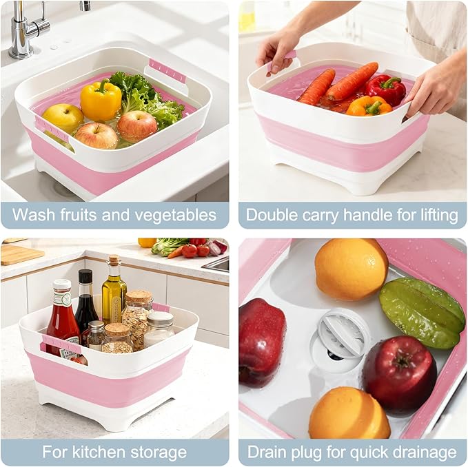 Collapsible Dish Basin with Drain Plug, 2.4 Gal 9L Foldable Wash Basin, Portable Sink Tub for Kitchen, Baby Bottles, Camping, RV, Vegetable Washing and Beverage Tub, Pink