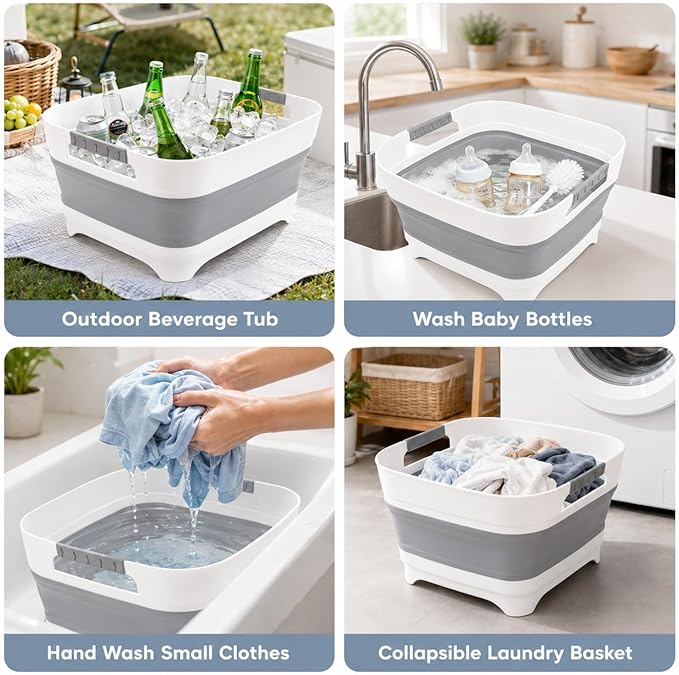 Collapsible Dish Basin with Drain Plug, 2.4 Gal 9L Foldable Wash Basin, Portable Sink Tub for Kitchen, Baby Bottles, Camping, RV, Vegetable Washing and Beverage Tub, Gray
