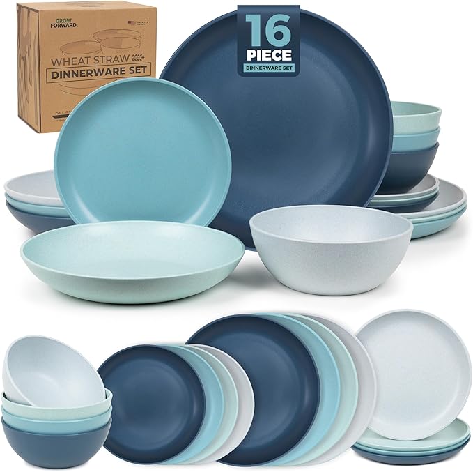 Grow Forward 16-piece Premium Wheat Straw Dinnerware Sets for 4 - Unbreakable Dishwasher & Microwave Safe Plastic Plates and Bowls Sets - Patio, Outdoors, RV, Camping Dishes - Seascape