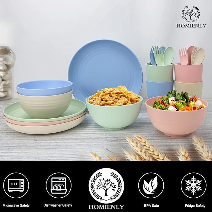 Homienly Wheat Straw Dinnerware Sets 20 PCS Cups and Plates Sets for Kitchen Microwave and Dishwasher Safe Plate Set Unbreakable Camping Dish Set Kids Plates and Bowls Sets for Picnic, RV (Multilight)