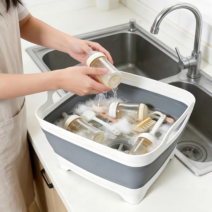 FOSJGO Collapsible Dish Basin with Drain Plug, 2.4 Gal (9L) Space-Saving Foldable Sink, Wash Basin for Kitchen, Baby Bottles, Vegetable Washing, Camping, RV and Party Beverage Tubs