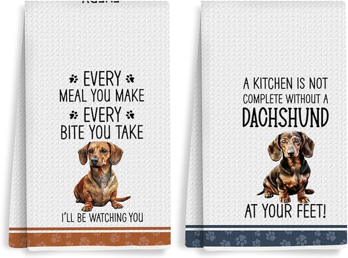 2Pcs Funny Dogs Kitchen Towels 24x14 Inch, Cute Dachshund Waffle Weave Dish Towels for Kitchen Home, White Absorbent Microfiber Hand Tea Towel, Weiner Dog Gifts for Women Dog Lovers 4