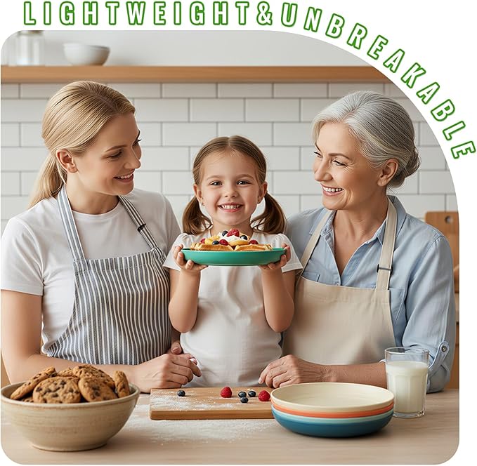 8 Inch Wheat Straw Dinner Plates Set of 6, Unbreakable Salad Plates, Reusable BPA-Free Plastic Plates, Microwavenajiu & Dishwasher Safe for Kitchen, Dessert, Side Plate, Snacks, Multi